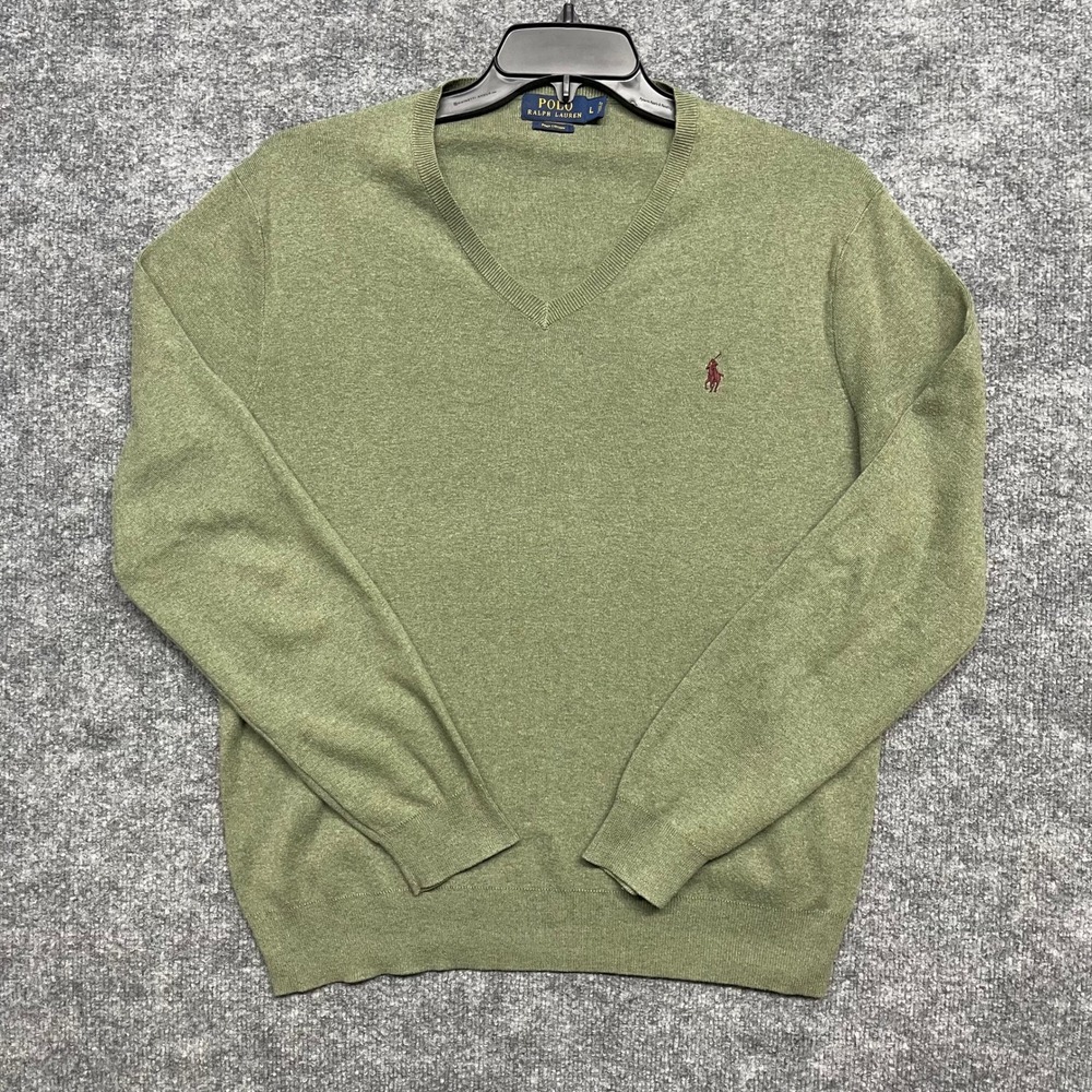 Polo Ralph Lauren Sweater Men Large Sage Green V-Neck 100% Pima Cotton Pony Logo